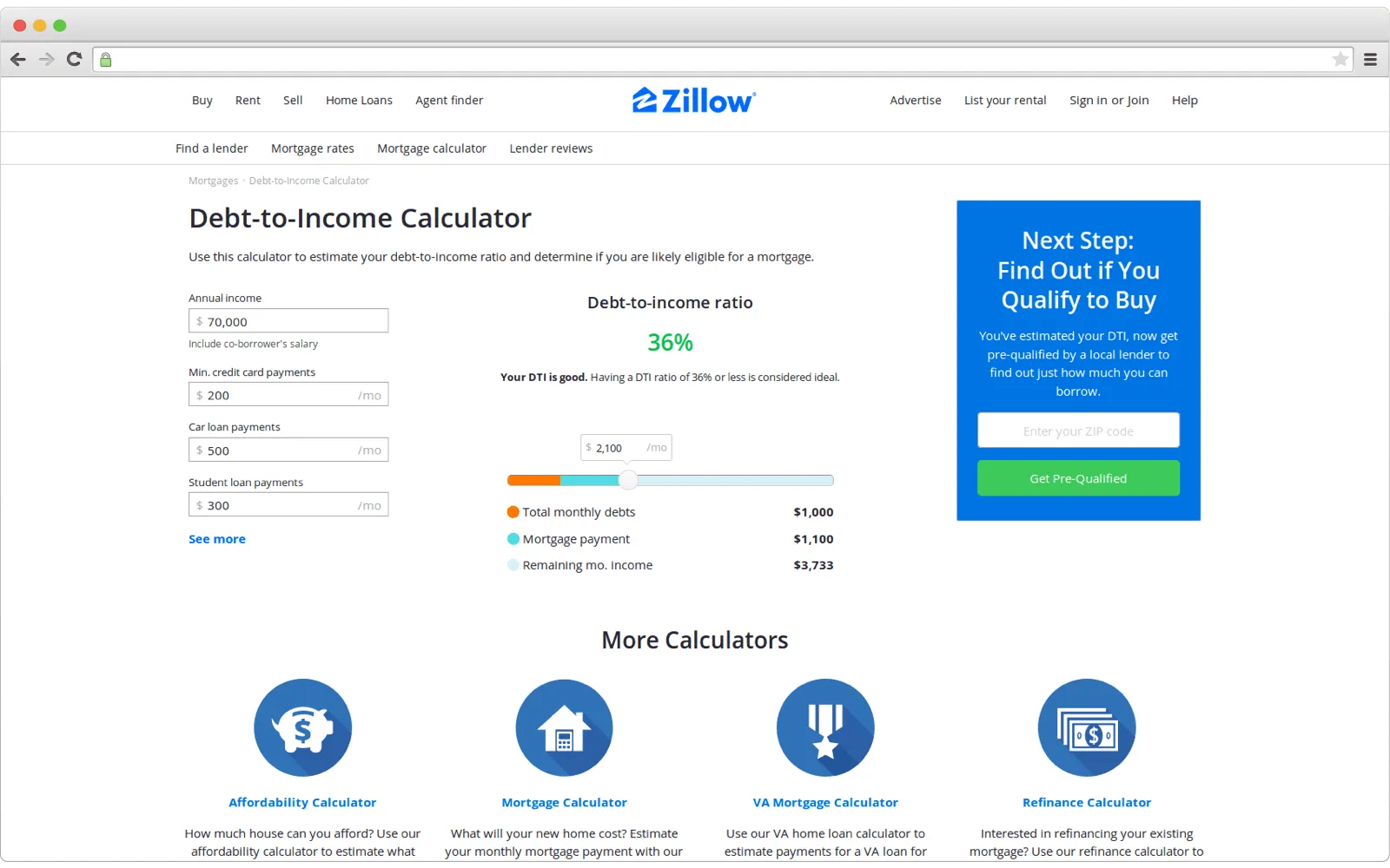 Example of debt-to-income real estate calculator