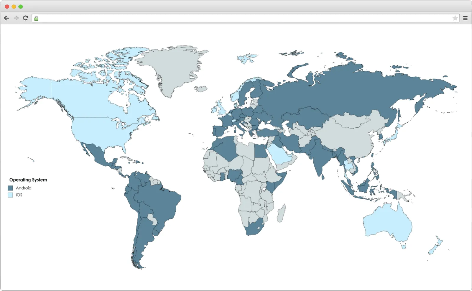 Total share of Android and iOS on a world mao